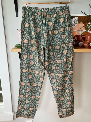 Natura Green Peach Floral Boho Print Cotton Pajama Pants Size Medium