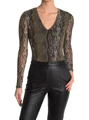 AFRM Womens Size XS Jane Mesh Sleeve Thong Bodysuit in Olive Snakeskin Print