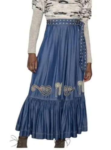 Carolina K Rosa Chambray Embroidered Midi Skirt Size S Blue