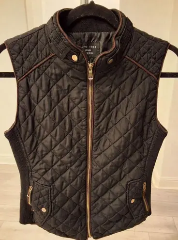 Love Tree Quilted Vest Womens M Black with Brown Trim Mock Neck Pockets Size M