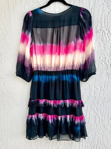 Tanya Taylor  Valeria Tie-Dye Silk Tiered Ruffle Faux Wrap Dress Black/Pink US 2