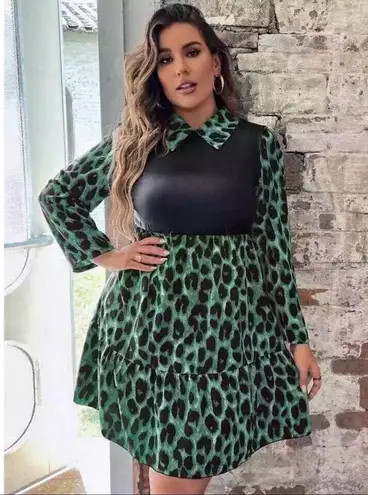 Kara and Kate Leopard Print Colorblock Ruffle Dress Women's XXL Teal Green