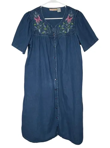 LA CERA Denim Dress Floral Embroidered Button Front Midi Women's Medium Blue Size undefined
