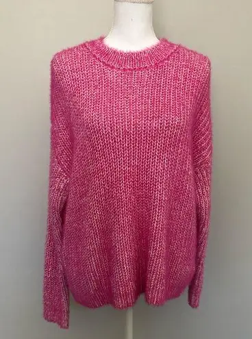 Elodie Sweater Knit Fuzzy Crewneck Eyelash Mid-Weight High Neck Hot Pink White