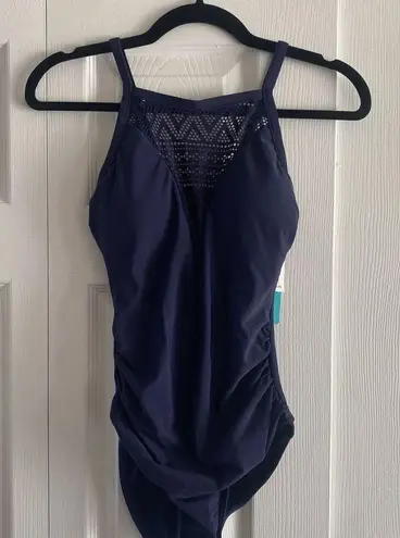 Aqua Green Women's Navy One Piece Swimsuit Slimming Ruche NEW Small Swim Beach