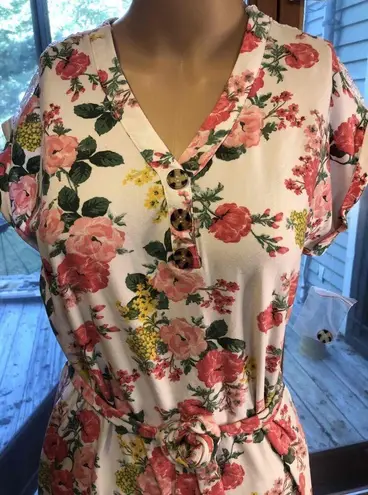 Bobbie & Brooks NWT Bobbie Brooks Pink Orange Floral Short Sleeve V Neck Belted Dress Small