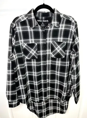 Crimes Of Beauty Black & White Oversized Graphic “All I Care About” Flannel Shirt