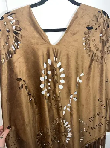Unbranded One Size Brown Tan Faux Suede Cut Outs Boho Fringe Poncho/Kimono