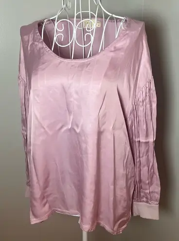 Nation Ltd Anthropologie Pink Satin Long Sleeve Top Size L Scoop Neck Pleated
