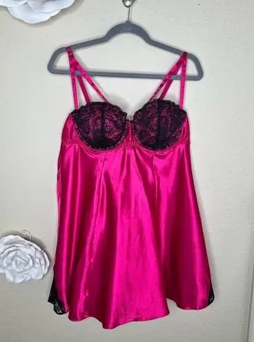 Cacique NTM: Hot Pink/Black Lace Babydoll Chemise Silk Blend Lingerie Sz 18/20