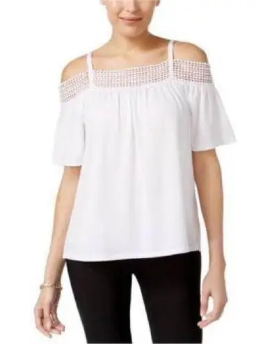 Avenue White Lace Trim Flowy Shoulder Top
