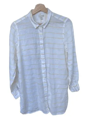 Garnet Hill Women's Petite M Striped Linen Blouse Multicolor Long Sleeve