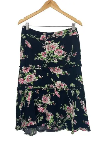 CAbi  Flowy High Waisted Midi Skirt Floral Print Black Pink Rayon Womens 8