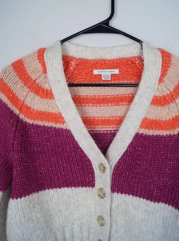 American Eagle  Striped Cardigan Button Front Multicolor Pink Cream Fuzzy Size XS