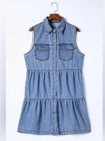 NEW Sleeveless Denim High Waist Button front Dress Tiered Skirt Size Medium Blue