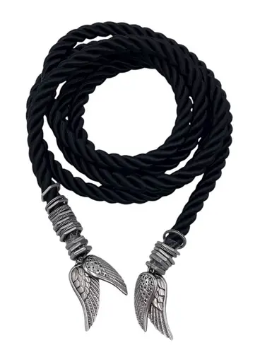 Vintage Black Rope Belt Silver Angel Wing Charm Tassels 69" Fairy Grunge Gothic