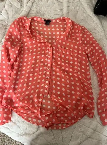 Timing women’s button up salmon polka dot blouse