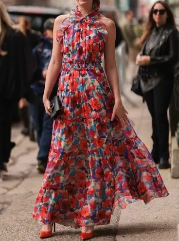 PATBO Violet Floral Flutter Halter Style Maxi Dress Size US 8 Cherry