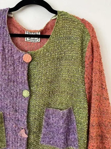 Jackie Loves John Funky VTG Colorblock Wool Blend Cardigan Sweater Size Medium Pink