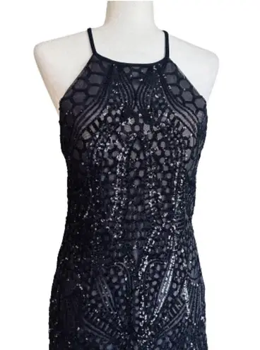 Nightway Gown Dress Navy Blue Mesh Sequins Halter Criss Criss Back Sheath Size 8