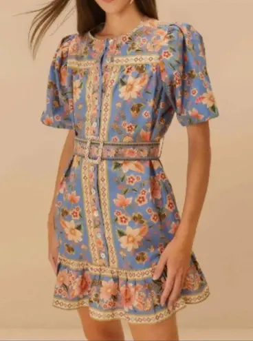 Farm Rio š$210 SZ MEDIUM BLUE SUPERBLOOM TAPESTRY ORGANIC COTTON MINI DRESS EUC