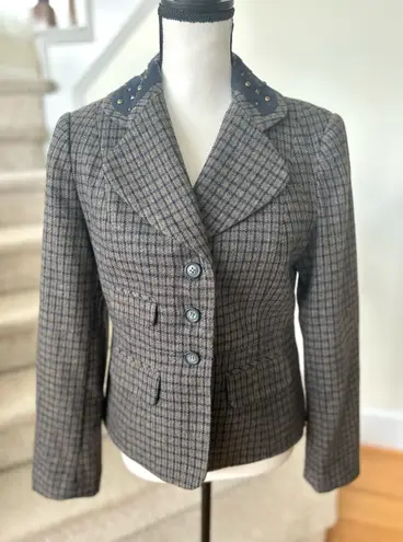 Sundance Grey Wool Plaid Faux Navy Suede Studded Trimmed Collar Blazer