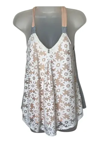 Rewind Floral Embroidered Lace Solid Back Halter Style Mixed Media Flowy Tank Top Small White Orange Gray