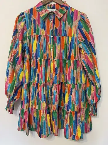 Peach Love California Dress Watercolor Works Tiered Long Gathered Sleeve Rainbow