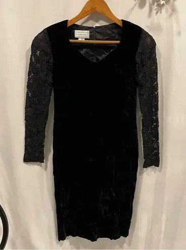 Vintage 80’s crushed velvet lace sweetheart dress long sleeve pleated skirt Black Size undefined