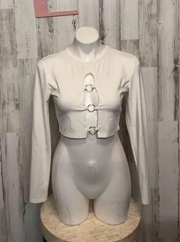 Edikted White Ring Detail Long Sleeve Crop Top Size XLARGE White