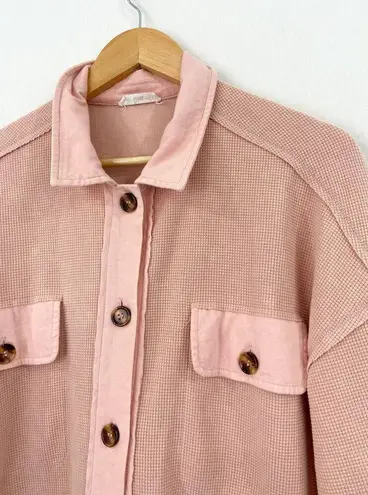 In Loom Boutique Boho Women's Pink Waffle Knit Shacket size Small Oversized Raw Hem
