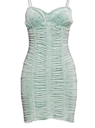 NWT Rotate Birger Christensen Aria Ruched Polkadot Velvet Mini Dress in BlueSurf Green Size 6