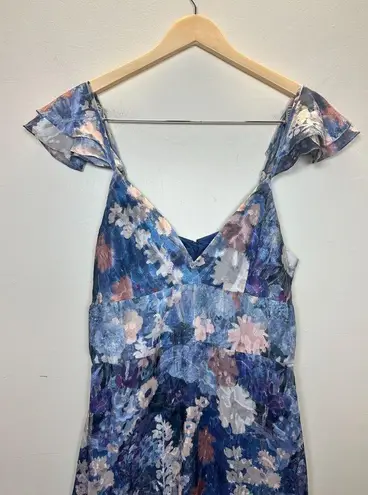 Hutch Women's Size 10 Blue Ruffled Maxi Dress Floral Cap Sleeve EUC