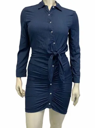 Allison Joy Blue Asymmetric Button Up Design Tie Waist Long Sleeve Dress