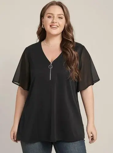 Bloomchic Solid O Ring Zipper Mesh Ruffle Sleeve V Neck Blouse Black 12