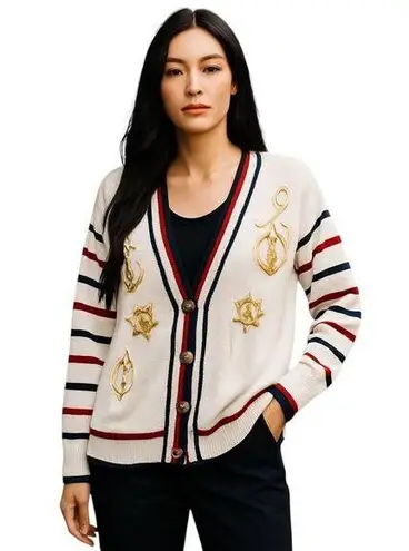 Tanner Vintage Ramie knit cardigan Retro Nautical Striped academia preppy Tennis White Size M