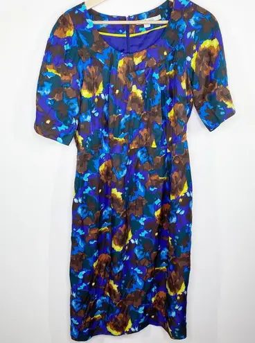 Boden Blue Brown Yellow Printed Short Sleeve Silk Blend Dress Womens Size 6 Long