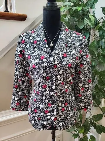 kim rogers  Women's Black Floral Linen Collared Long Sleeve Button Down Shirt 12