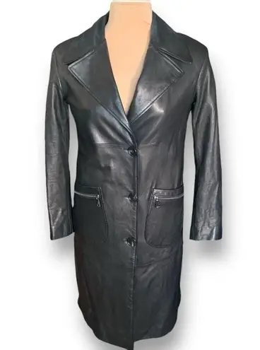 L’Univers Du Luxe Black Leather Longline Trench Coat Zipper Pockets Button Down Black