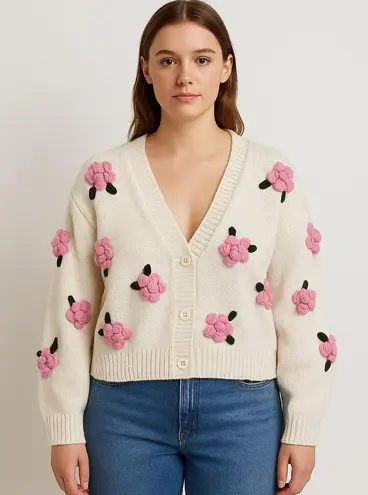 Luna Ivy Cream Knit Cardigan XS – 3D Pink Floral Appliqué Sweater