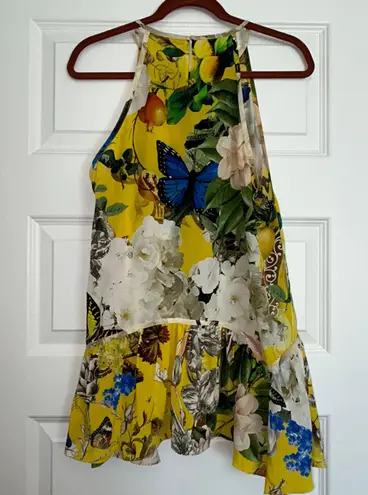 Roberto Cavalli Yellow Printed Silk Lace Detail Halter Floral Mix Print Top