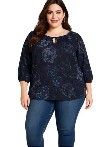 Just My Size Floral Pullover Blouse 3/4 Sleeve Womens 2X (18W-20W) Navy Blue - Image 1