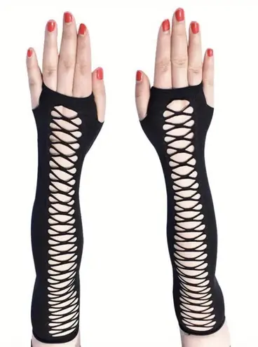 Vintage Hollow Out Black Elastic Arm Cover Fingerless Elbow Sleeves One Size