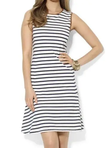 Ralph Lauren  Faux Leather Trim Sleeveless Striped Flare Dress Small