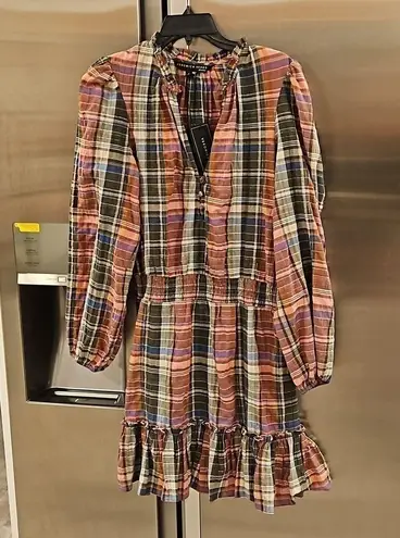 Veronica Beard 💕💕 Destiny Crinkle Plaid A-Line Dress ~ Olive Green/Pink 8 NWT