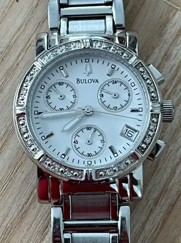 Bulova Diamonds Chronograph Ladies Watch White Dial Stainless Bracelet Date