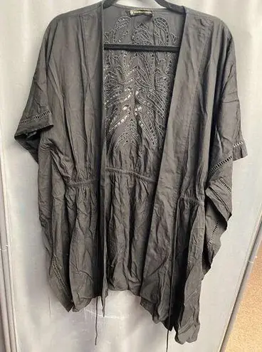 Vix Paula Hermanny Kimono Swim Coverup Medium Black Open Front Embroidery B48