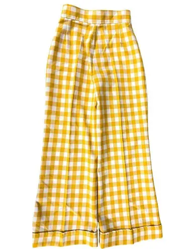 VTG 1970s Miss K 100% Polyester Yellow Checkered Wide Leg Pants Womens XS/S Size 24