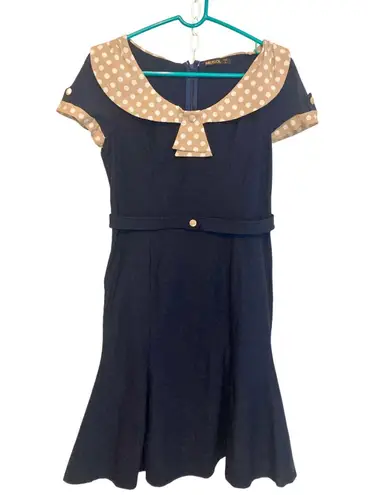 Miusol Retro Pinup Rockabilly Navy Blue Polka Dot Collar Fit and Flare Dress Size L