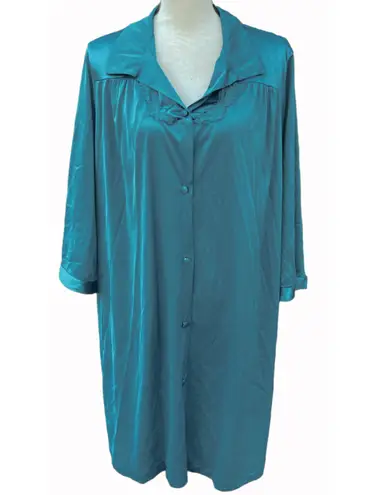 Vanity Fair Vintage  Night Shirt Pajamas Nylon Sea Green Collared Button Up XL